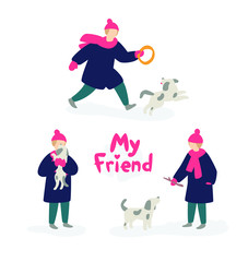 Illustration of a girl playing with a dog. Vector. Girl teenager in a coat and hat, with a homeless gray dog. Flat cartoon style. My friend's logo. Illustrations for the shelter of homeless animals.