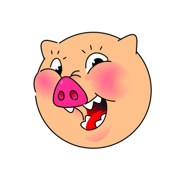 The head of a pig. Vector. Logo, symbol for the company. Emblem for fast food and food. Round head boar. Meat animal. Bacon. Funny cartoon face. Mascot Flat style....