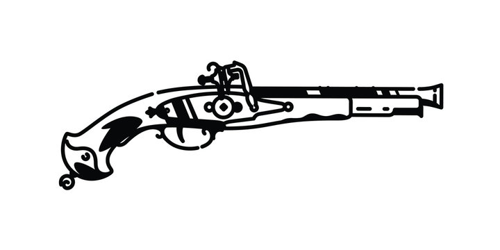 Illustration of a musket pistol. Vector. Black and white contour graphic drawing. Tattoo. Decorative vintage element for design.