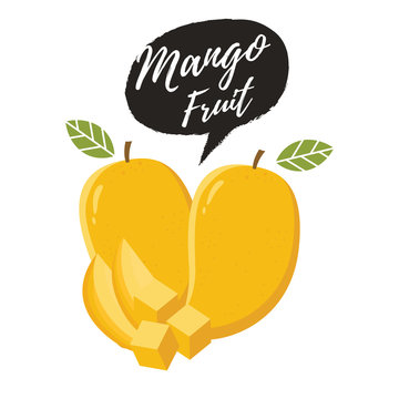 Mango fruit vector. Vector illustration of ripe fresh mango, with slices and leaves. Mango fruit vector illustration
