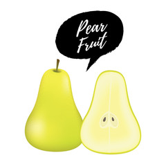 Realistic green pear. Green pear, whole and cut in half. Pear fruit vector illustration