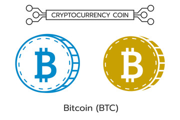 Bitcoin (BTC) cryptocurrency coin line and flat art. icon of virtual currency. Symbol of digital money