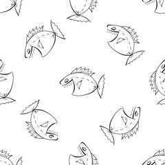 Hand drawn piranha seamless pattern on white background. Cute funny river fish texture