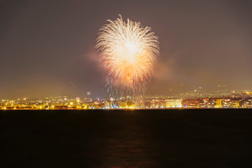 New Years Eve January 01 2019 fireworks at Thessaloniki, Greece.Part of the celebrations for the coming of new year 2019 with pyrotechnics at Aristotelous square area seen from the city waterfront.