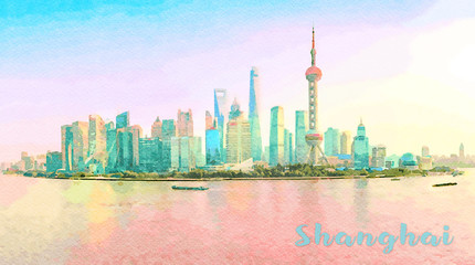 Digital art water color painting of widescreen panorama of the city skyline of Shanghai at sunset