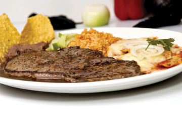 carne asada Mexican steak with pepper rice and tortilla chips