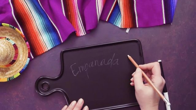 Flat lay. Writing Emapandas sign on black chalk board.
