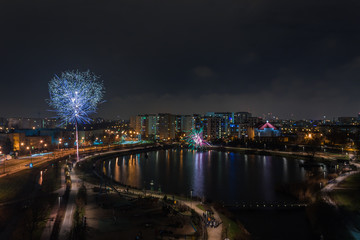Fireworks in the New Year's night in Warsaw over the Lake Balaton