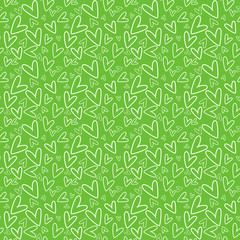 Hand Drawn Hearts Seamless Pattern - White hand drawn hearts on lime green background