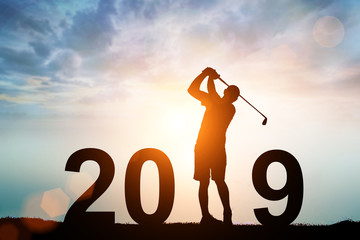 silhouette of man dive golf in 2019 text for happy new year concept