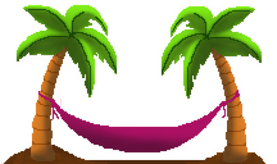 Pixel 8 bit drawn palm trees with hammock