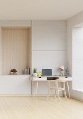 Fototapeta na wymiar Front view of an working interior with white wall empty room have work table and desktop ,minimal design,3d rendering
