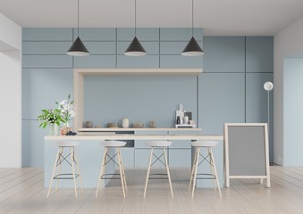 Modern kitchen room interior,Modern restaurant room,Modern coffee shop interior on blue wall background. 3d render