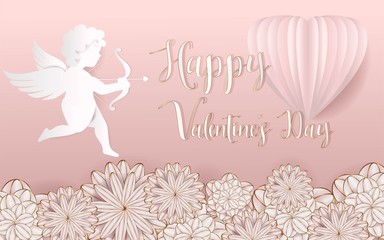 Happy Valentine's Day  -Heart and cupid with flower in paper cut styles