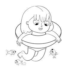Happy girl swimming with lifebuoy in the sea. Coloring book