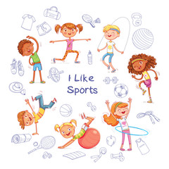 Children are engaged in different kinds of sports on the background of various sports equipment
