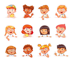 Children of different nationalities and various gestures holding empty white board