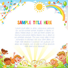 Fototapeta premium Boys and girls are playing in the Amusement park. Playground. Template