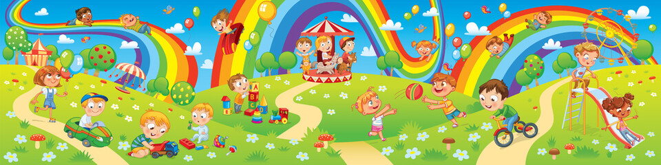 Obraz na płótnie Canvas Kids zone. Amusement park rides. Children playing in playground