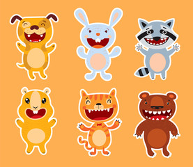 Cute flat animals. Dog, rabbit, raccoon, guinea pig, cat, bear