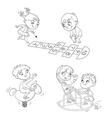 Recreation park. Playground. Kids zone. Place for games. Coloring book