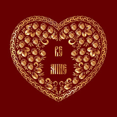 Heart-shaped frame in russian traditional style khokhloma painting. Design element for Valentines Day card