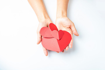 Obraz premium Hands holding red hearts / dedication love charity concept poster