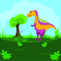 Illustration of a dinosaur on a green land with a blue sky background