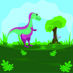 Illustration of a dinosaur on a green land with a blue sky background