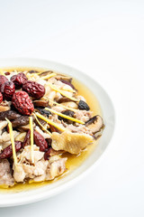 Fototapeta na wymiar Chinese cuisine, mushrooms, red dates, steamed chicken