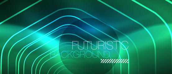 Neon glowing lines, magic energy space blue light concept, abstract background wallpaper design