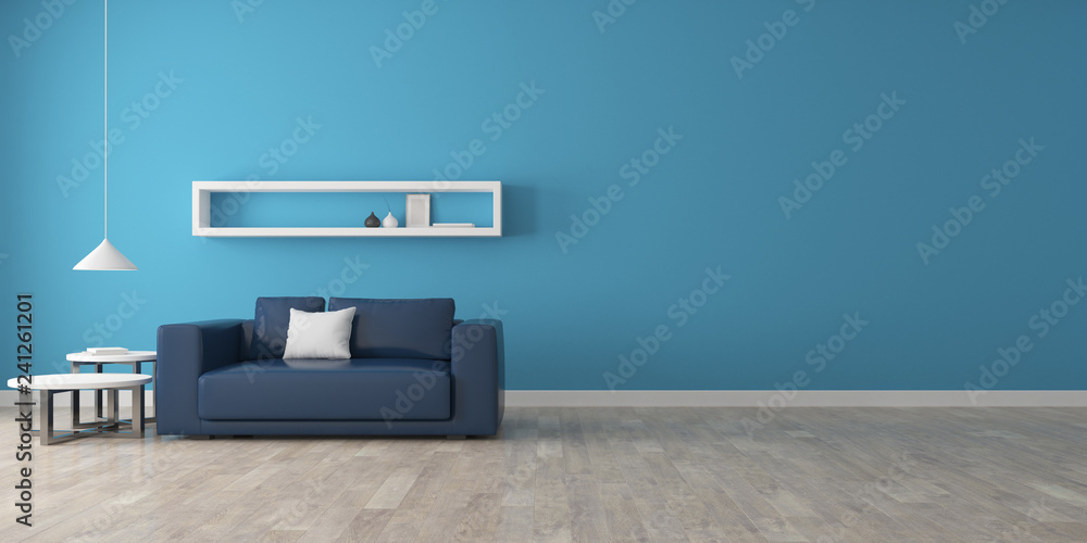 Poster view of room space with deep blue sofa set, blue wall and laminate floor.perspective of modern archi