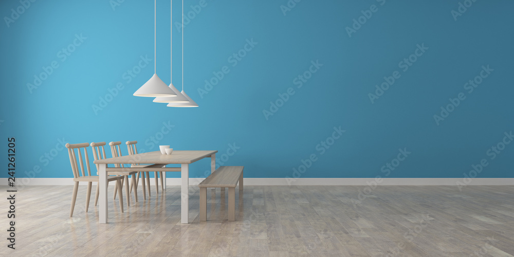Poster view of blue wall dining room in scandinavian style with wood furniture on laminate floor.perspectiv