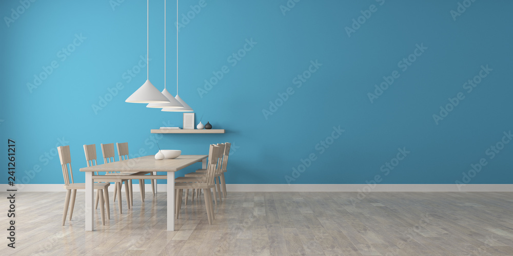 Poster view of blue wall dining room in scandinavian style with wood furniture on laminate floor.perspectiv