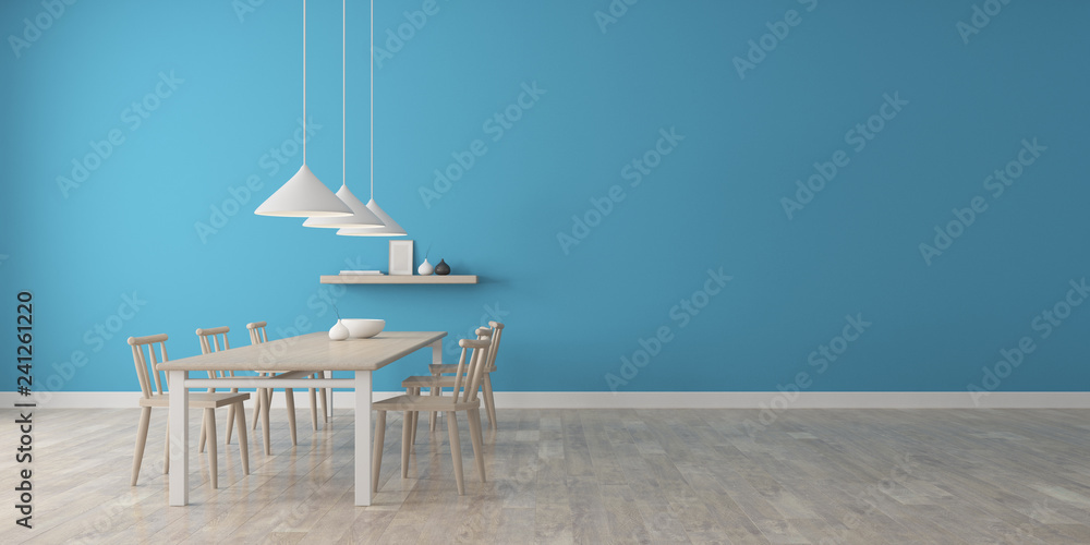 Poster view of blue wall dining room in scandinavian style with wood furniture on laminate floor.perspectiv