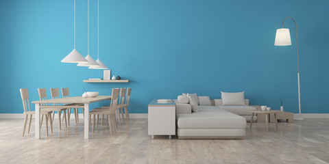 View of blue wall dining room in scandinavian style with wood furniture on laminate floor.Perspective of minimal design architecture. 3d rendering.	