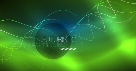 Glowing abstract wave on dark, shiny motion, Christmas and New Year magic space light. Techno abstract background