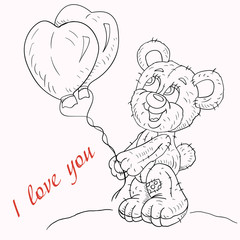 illustration of contour coloring for children little boy bear holding balloons in the paws in the form of a heart