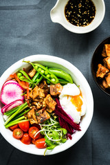 Teriyaki Tofu with Boiled Egg, Beetroot, Peas  and Riceberry Salad bowl