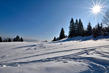 A frosty and sunny winter day is in mountains