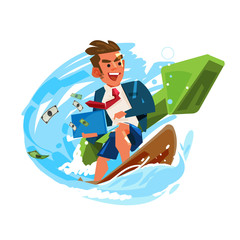 businessman surfing and working on wave with green positive graph.  successful business or working concept - vector