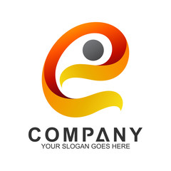 initial letter E logo with people shape, health care symbol, charity icons