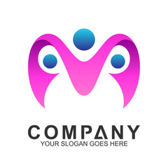 letter M logo with people shape, mother care icon, happy family symbol, parenting vector
