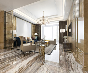 3d rendering luxury classic living room with marble tile and bookshelf