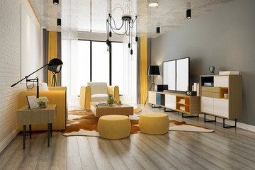 3d rendering luxury and modern yellow living room with sofa