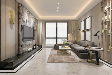 3d rendering luxury classic living room with marble tile and bookshelf