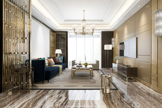 3d Rendering Luxury Classic Living Room With Marble Tile And Bookshelf