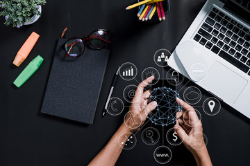 Business woman hand using smart phone with digital marketing via multi-channel communication...