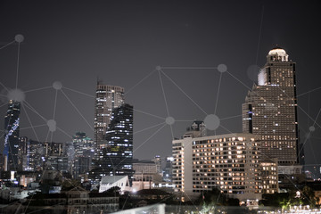 Smart City digital IOT network concept, Building business with graphical interface / atificial of internet of things. Communication technology of futuristic cities. Ideas for travel hi-tech in cities