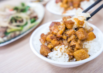 Taiwan famous food - Braised pork over rice. Soy-stewed pork rice, Taiwan Delicacies, Taiwan Street Food